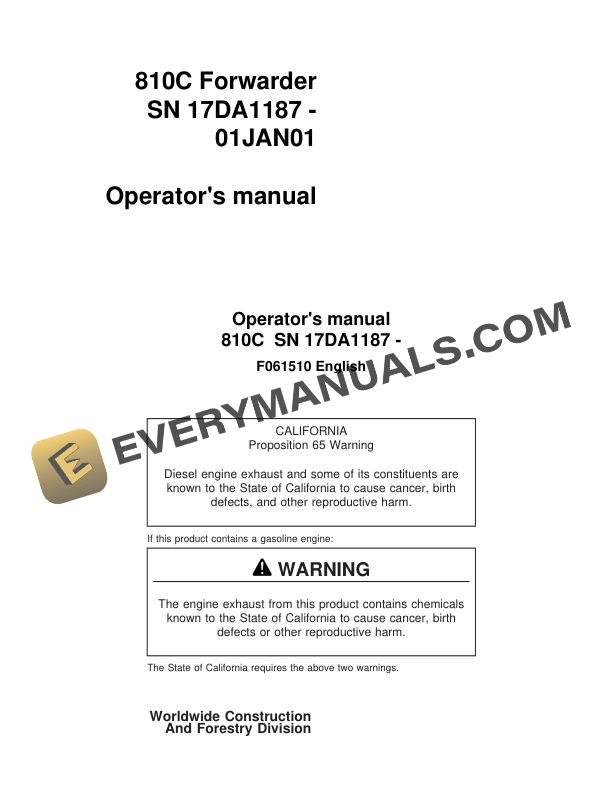 John Deere Timberjack 810C Forwarder Operator Manual F061510