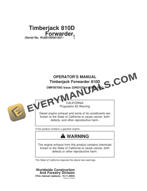 John Deere Timberjack 810D Forwarder Operator Manual F067093