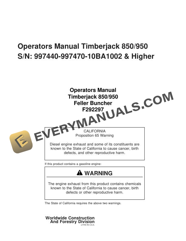 John Deere Timberjack 850, 950 Feller Buncher Operator Manual F292297