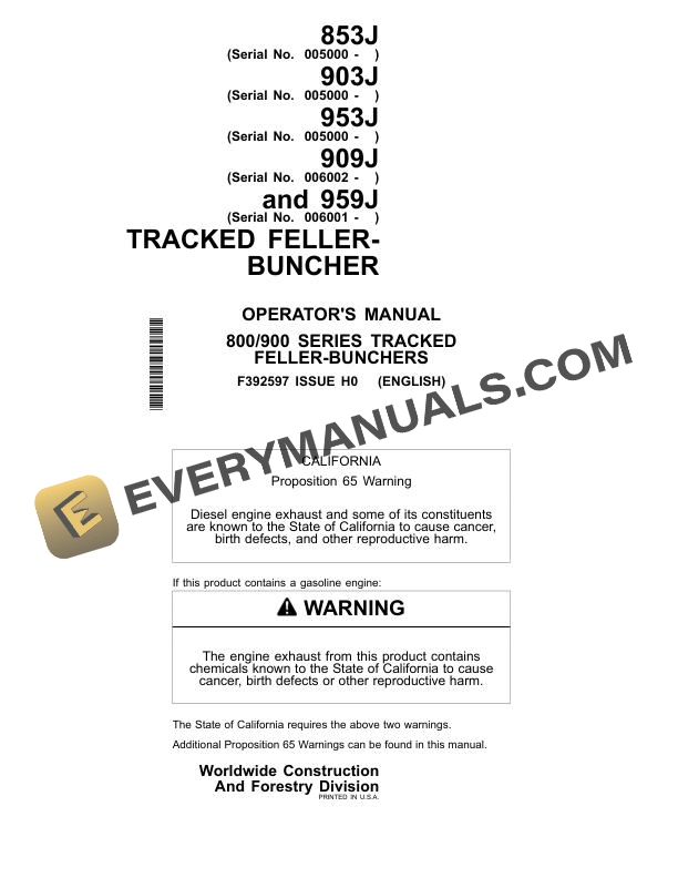 John Deere Timberjack 853J 903J 953J 909J 959J Tracked Feller Buncher Operator Manual F392597