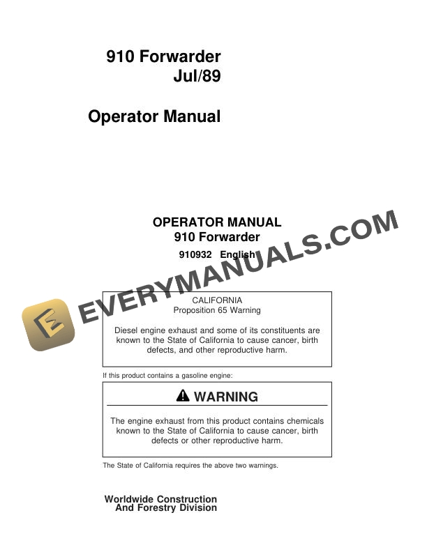 John Deere Timberjack 910 Forwarder Operator Manual 910932