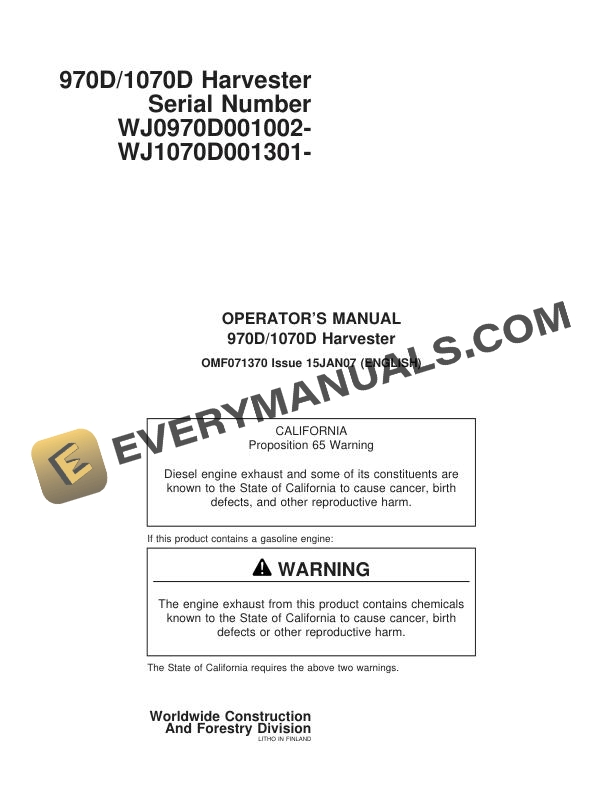 John Deere Timberjack 970D 1070D Harvester Operator Manual F071370
