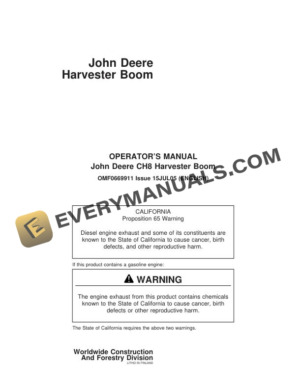 John Deere CH8 Harvester Boom Operator Manual OMF0669911