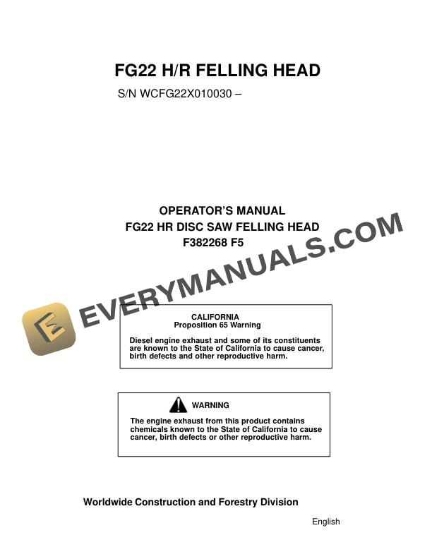 John Deere FG22 H-R Disc Saw Felling Head Operator Manual F382268