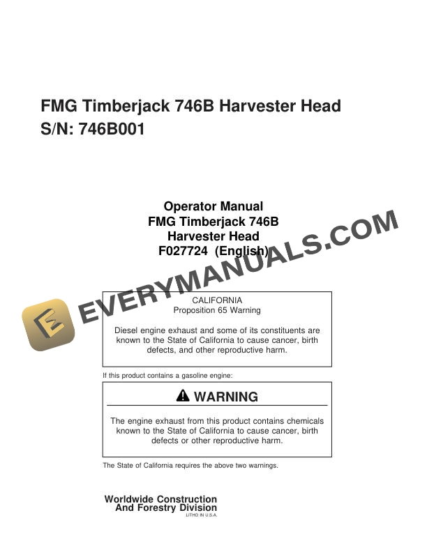 John Deere Timberjack FMG 746B Harvester Head Operator Manual F027724