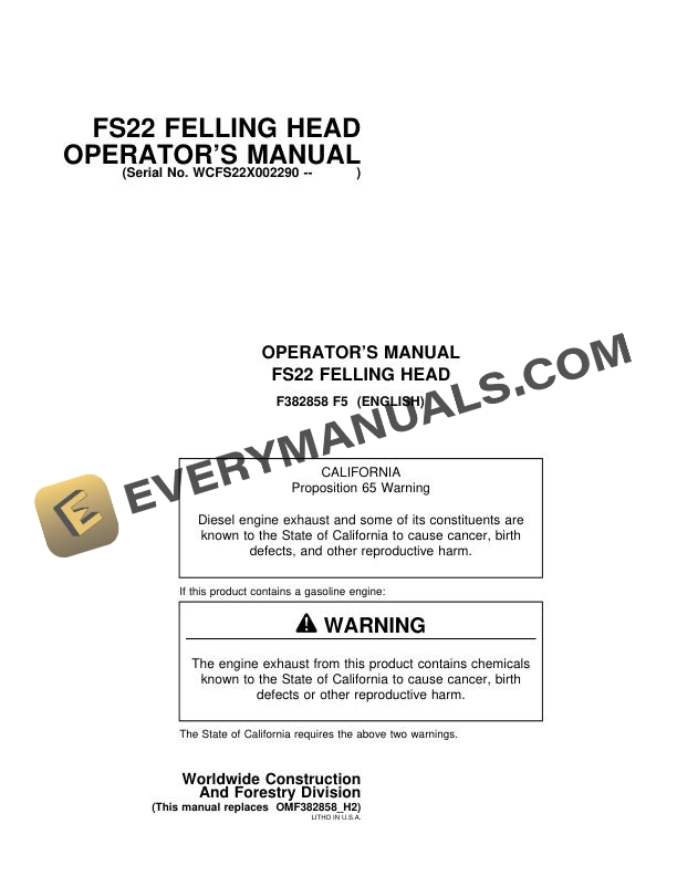 John Deere Timberjack FS22 Felling Head Operator Manual F382858