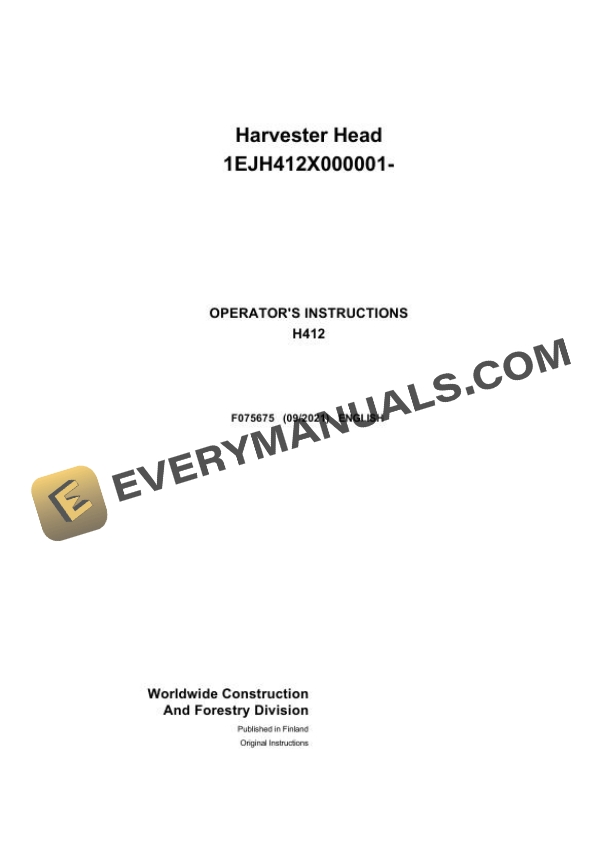 John Deere Timberjack H412 Harvester Head Operator Manual F075675