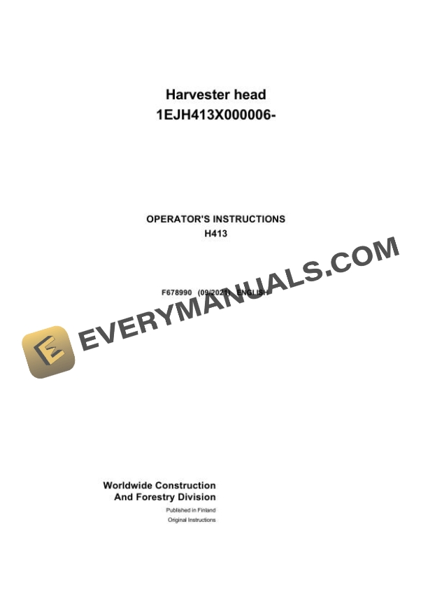 John Deere Timberjack H413 Harvester Head Operator Manual F678990