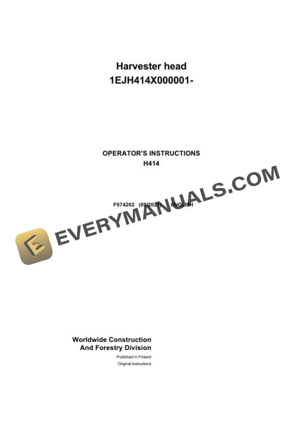 John Deere H414 Harvester Head Operator Instruction F074202