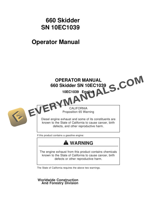 John Deere Timberjack 660 Skidder Operator Manual 10EC1039