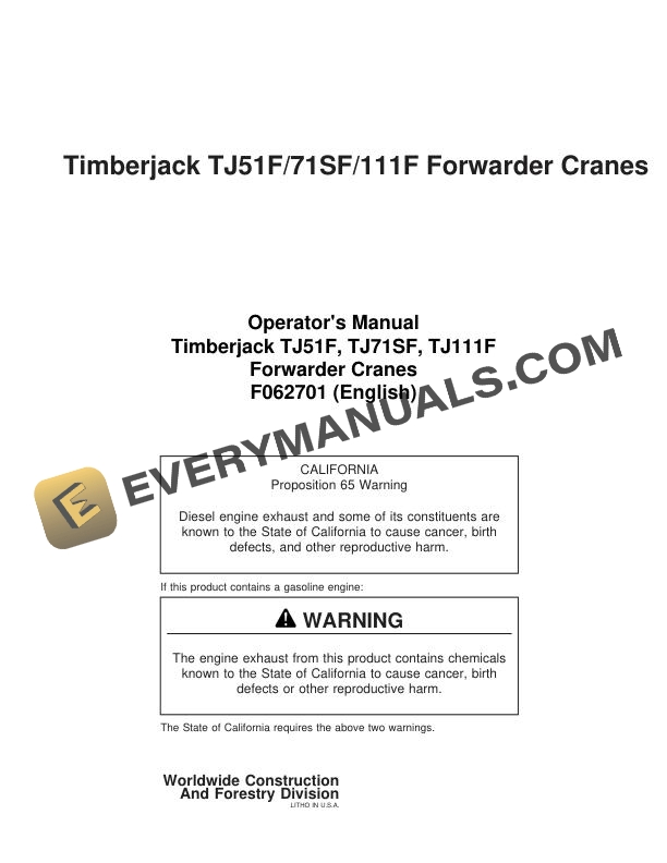 John Deere Timberjack TJ51F 71SF 111F Forwarder Cranes Operator Manual F062701