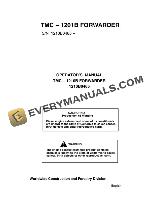 John Deere Timberjack TMC 1201B Forwarder Operator Manual 1210B0465