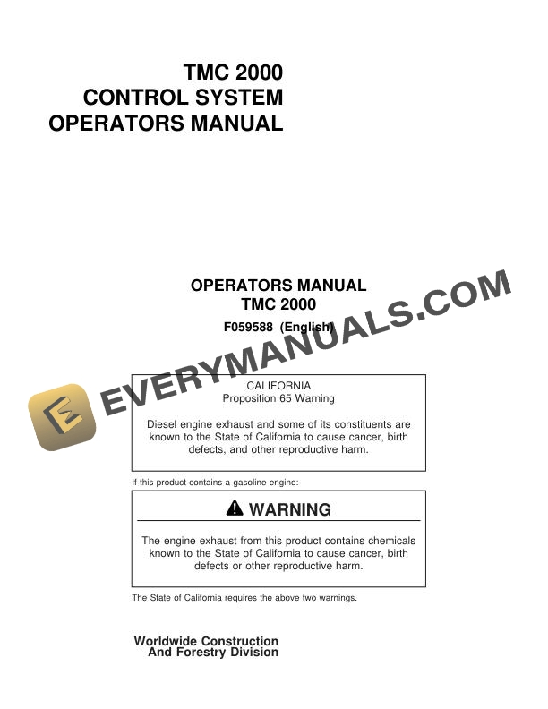John Deere Timberjack TMC 2000 Control System Operator Manual F059588