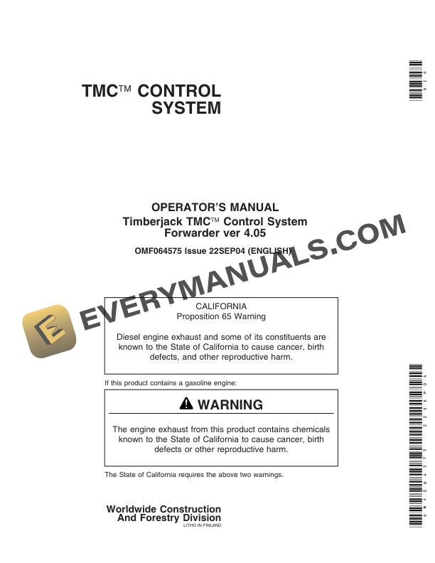 John Deere Timberjack TMC Control System Forwarder ver 4.05 Operator Manual OMF064575