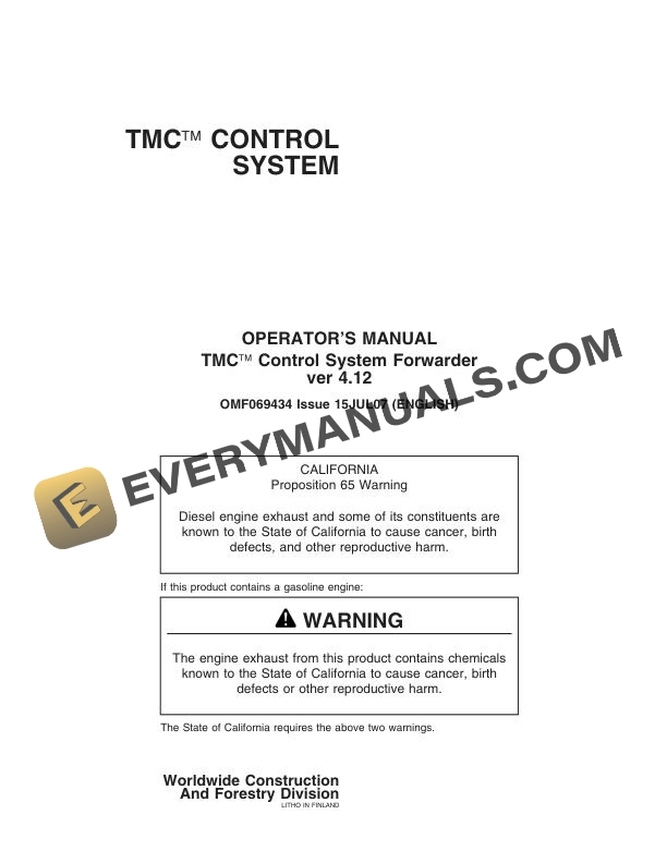 John Deere Timberjack TMC Control System Forwarder ver 4.12 Operator Manual F069434
