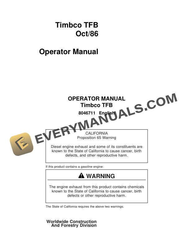 John Deere Timberjack Timbco Feller Buncher 6466T Power Operator Manual 8046711