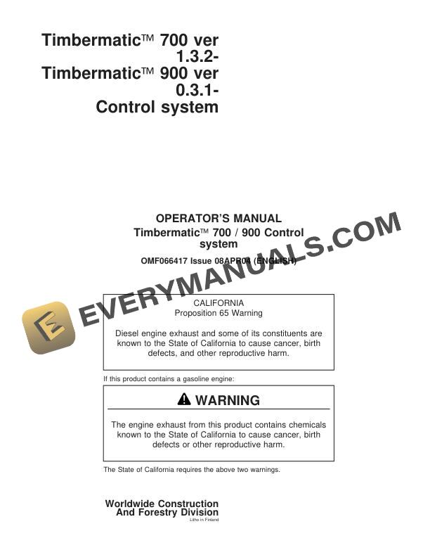 John Deere Timberjack Timbermatic 700, 900 Control System Operator Manual OMF066417
