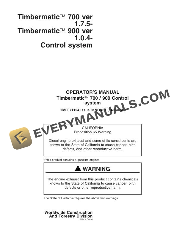 John Deere Timberjack Timbermatic 700, 900 Control System Operator Manual OMF071154 3 John Deere Timberjack Timbermatic 700, 900 Control System Operator Manual OMF071154