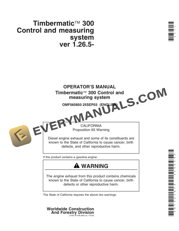 John Deere Timbermatic 300 Control and Measuring System ver 1.26.5 Operator Manual OMF065850