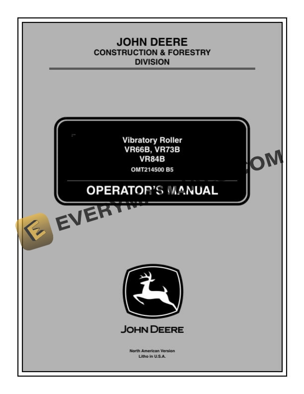 John Deere VR66B VR73B VR84B Vibratory Roller Operator Manual OMT214500
