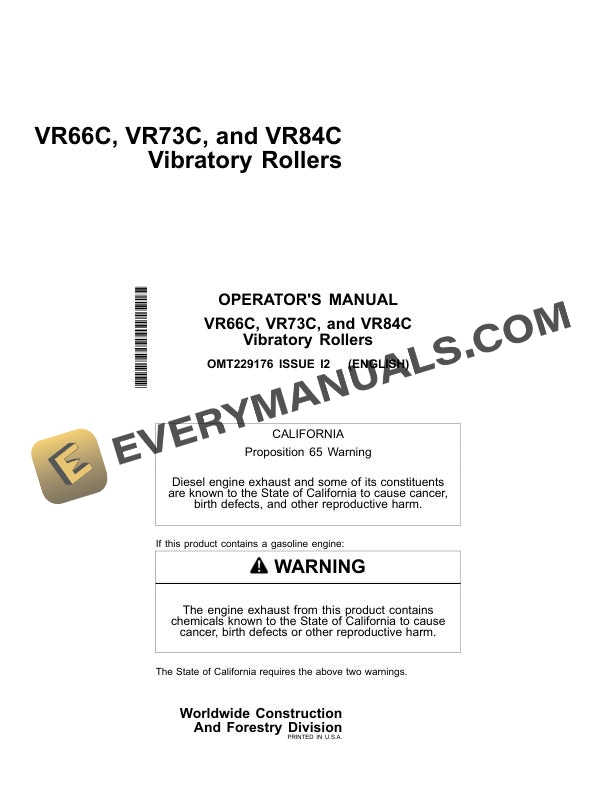 John Deere VR66C VR73C VR84C Vibratory Roller Operator Manual OMT229176