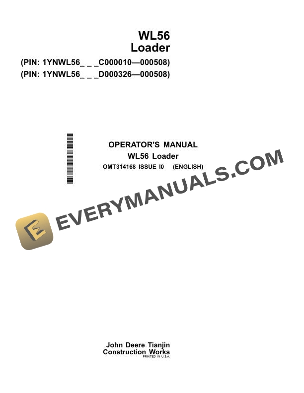 John Deere WL56 Loader Operator Manual OMT314168