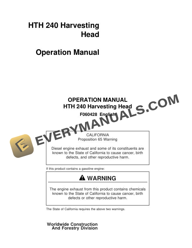 John Deere Waratah HTH 240 Harvesting Head Parts Manual F060428