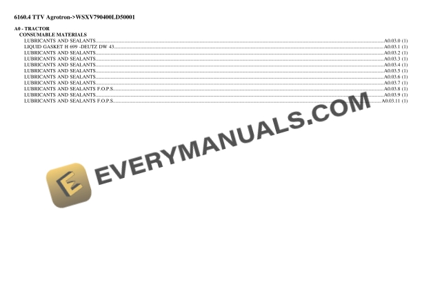 Deutz-Fahr 6160.4 TTV Agrotron (WSXV790400LD50001) Tractor Parts Catalog PDF