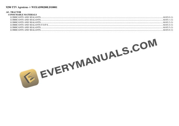 Deutz-Fahr 9290 TTV Agrotron (WSXAD90200LD10001) Tractor Parts Catalog PDF