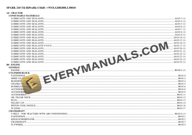 Lamborghini SPARK 210 T4i HiProfile-CShift (WSXAZ80200LL50010) Tractor Parts Catalog PDF
