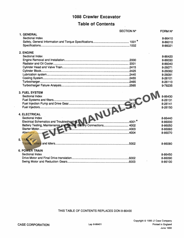 case 1088 crawler excavator service manual 8 86401 1