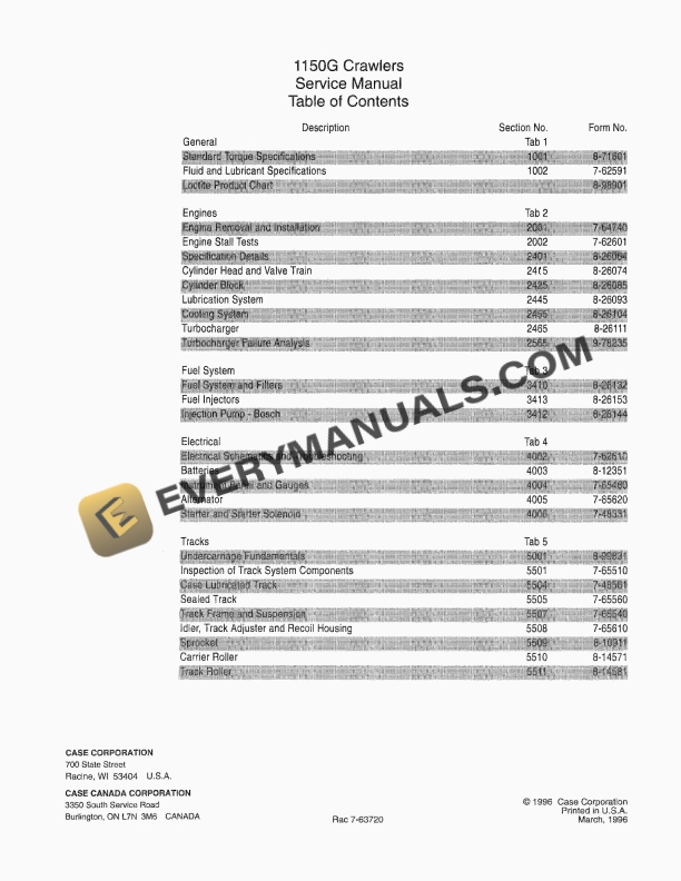 Case 1150G Crawler Service Manual 7-63720 PDF