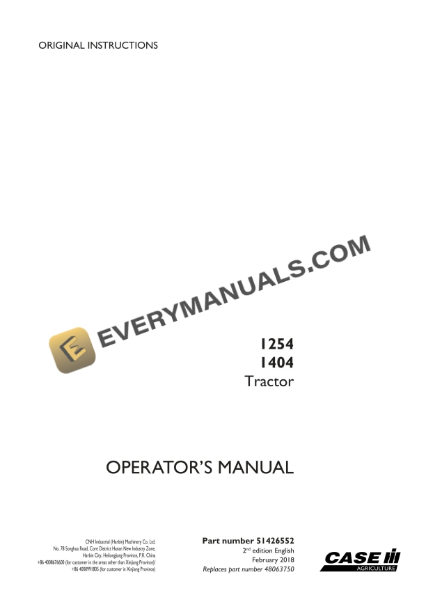 Case 1254, 1404 Tractor Operator Manual 51426552 PDF