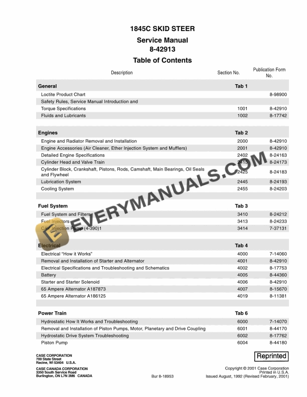 case 1845c skid steer service manual 8 18953 1