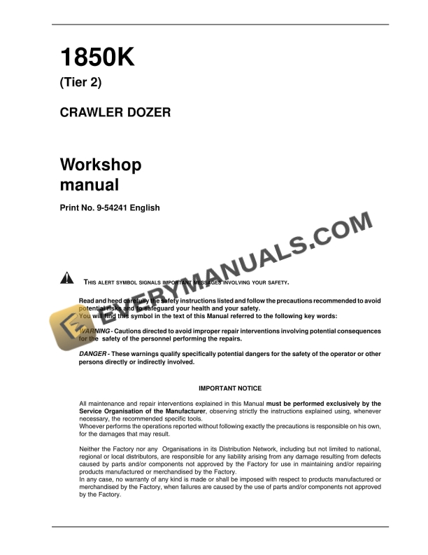 Case 1850K Tier 2 Crawler Dozer Workshop Manual 9-54241 PDF