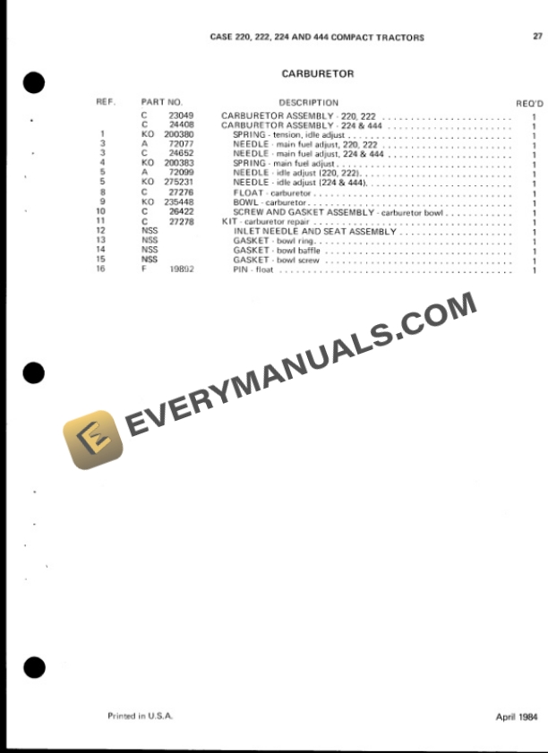 Case 220-S, 222-S, 224-S, 444-S Compact Tractor Parts Catalog B1375 P1-4