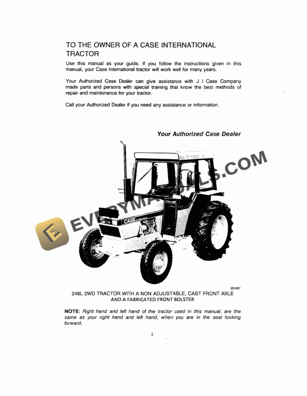 case 258 2wd tractor with adjustable front axle operator manual 9 11471 1