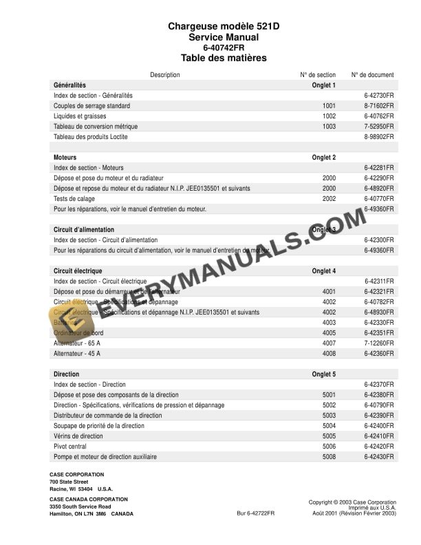 Case 521D Loader Service Manual 6-40742 FR PDF