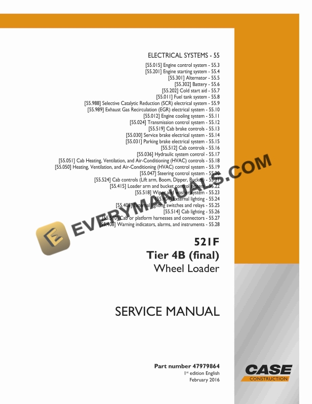 Case 521F Tier 4B (Final) Wheel Loader Service Manual 47979864 PDF