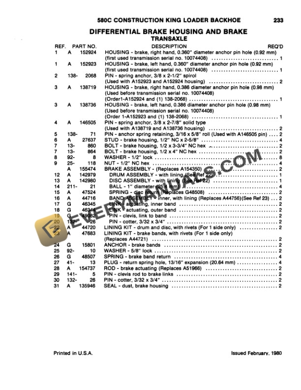 Case 580C Loader Backhoe Parts Catalog F1283-3
