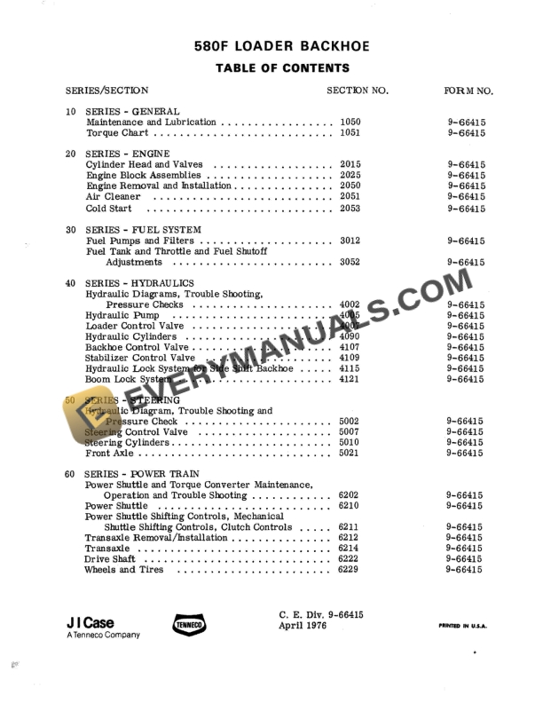 Case 580F Loader Backhoe Service Manual 9-66415 PDF