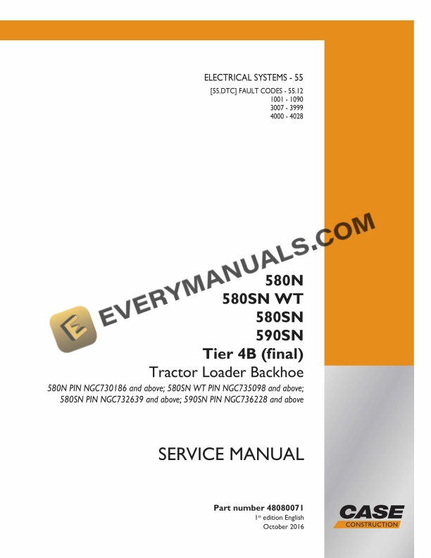 Case 580N, 580SN WT, 580SN, 590SN Tier 4B (Final) Tractor Loader Backhoe Service Manual 48080071 PDF