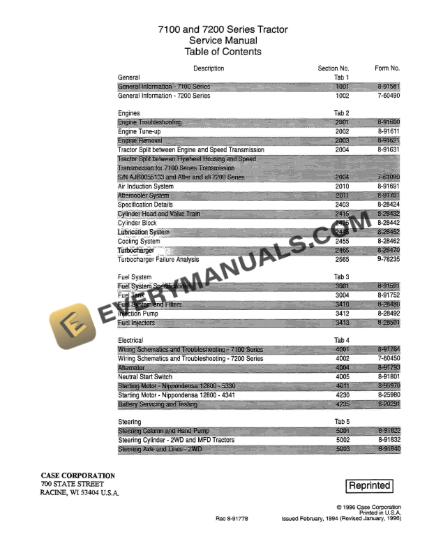case 7100 7200 series tractor service manual 8 91778 1