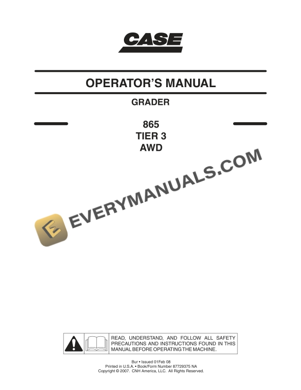case 865 tier 3 awd grader operator manual 87729375 na 1