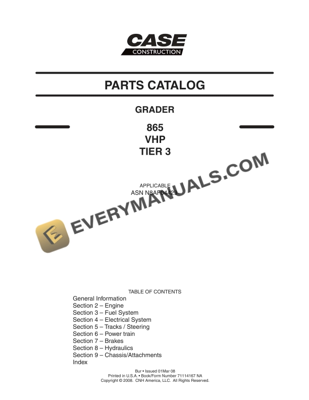 Case 865 VHP Tier 3 Grader Parts Catalog 71114167 NA PDF