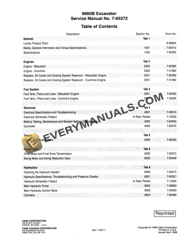 case 9060b excavator service manual 7 65272 1