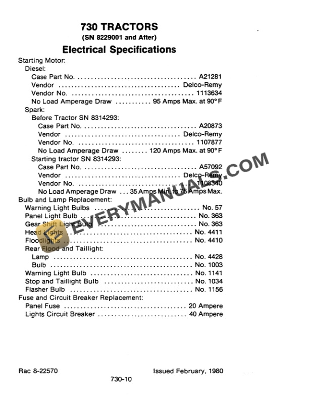 Case Agricultural Equipment Tractor Specification Manual 8-22570-2