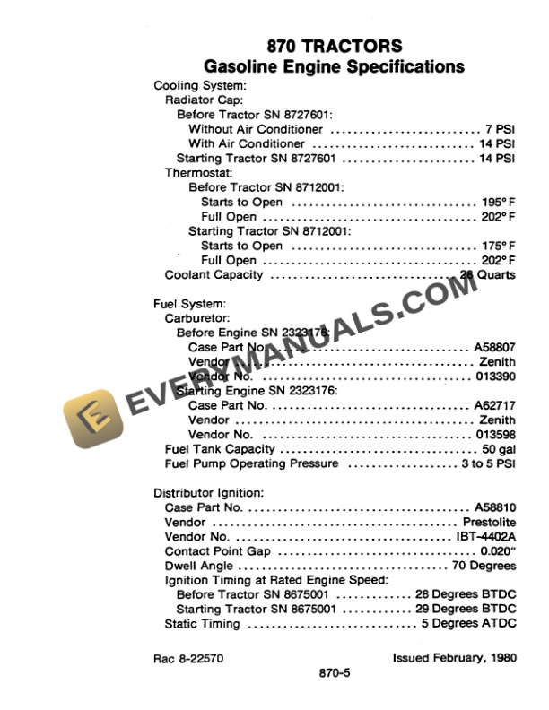 Case Agricultural Equipment Tractor Specification Manual 8-22570-4