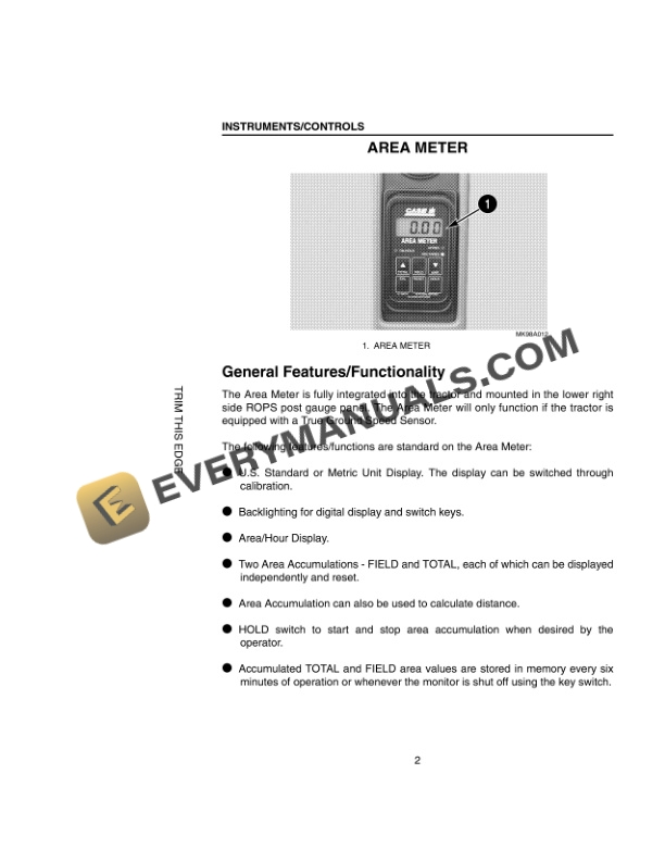 Case Area Meter Supplement For 9100, 9200, 9300 Series Tractor Operator Manual 6-3130.-3