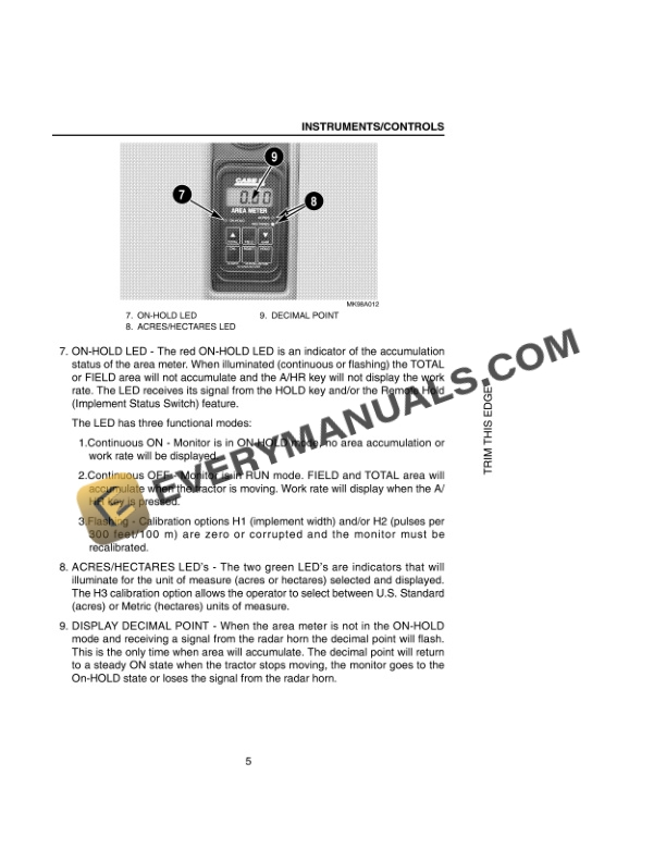 Case Area Meter Supplement For 9100, 9200, 9300 Series Tractor Operator Manual 6-3130.-4